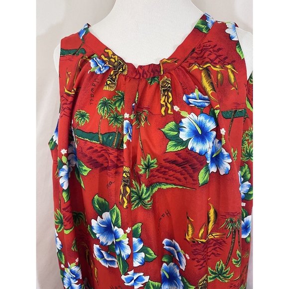 Vintage Hawaiian Muumuu Dress Red Tiki Ship Size 16 Polyester Lightweight - Picture 2 of 11